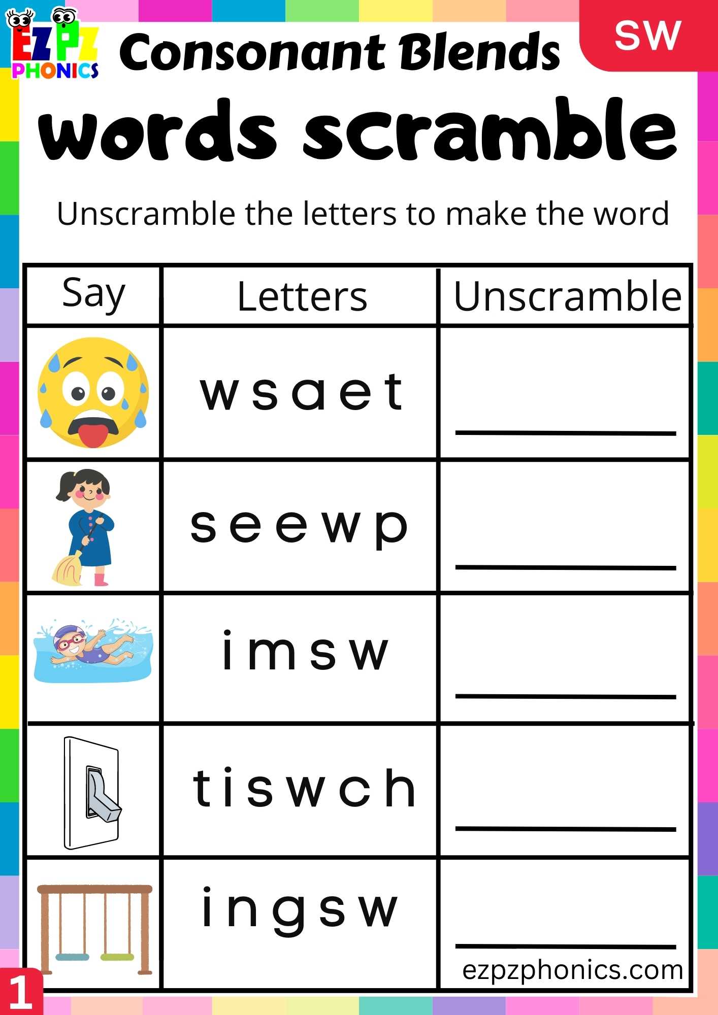 Group1 SW Words Words Scramble Phonics Consonant Blends Worksheet